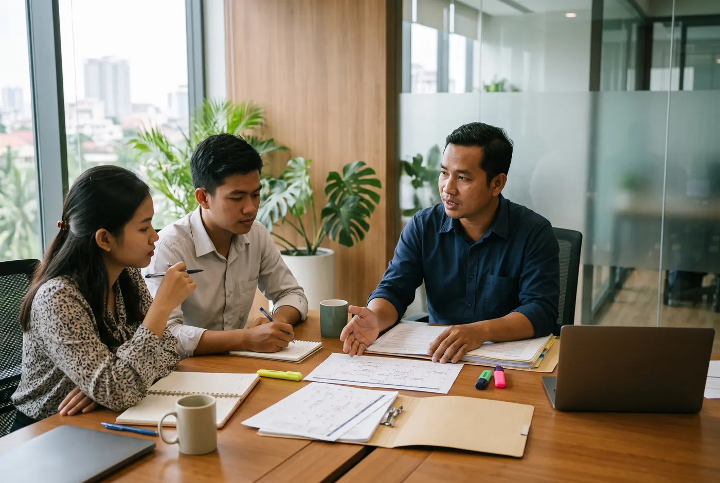 An audit manager planning work with two colleagues at a table