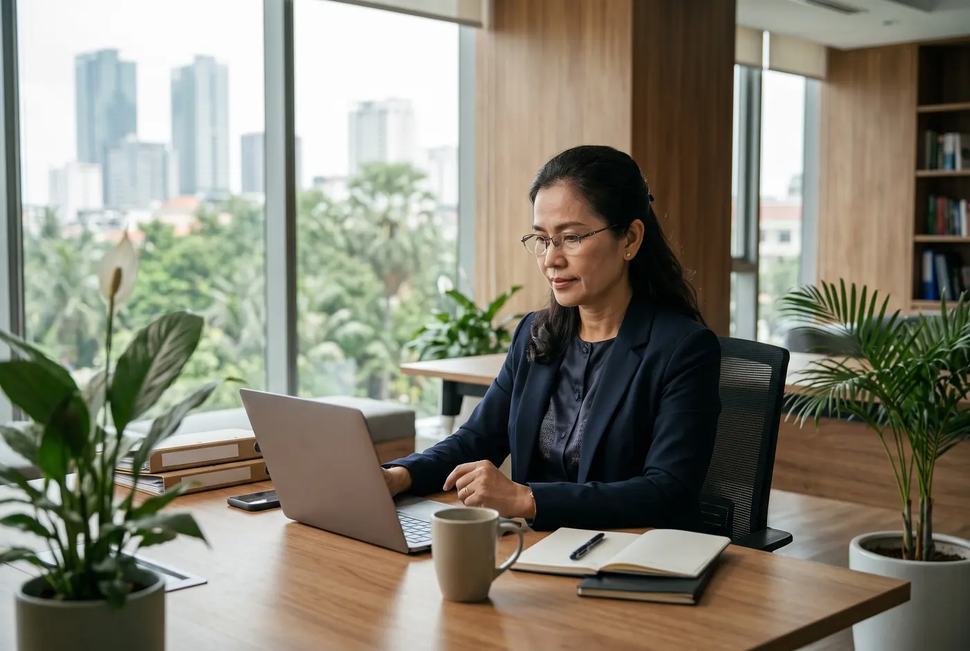A managing partner working on her laptop in a bright office in Phnom Penh
