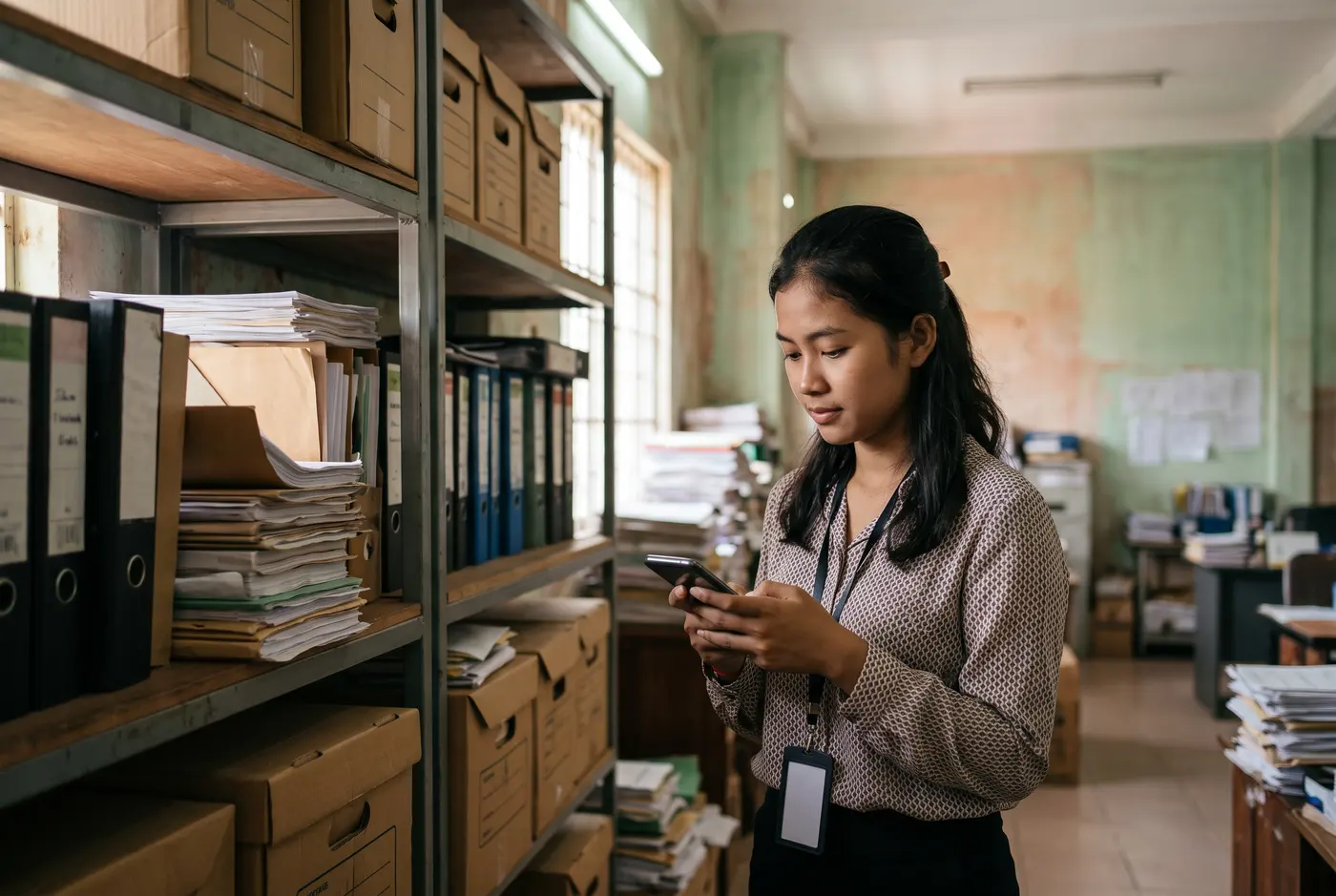 A junior auditor checking her phone between archive shelves at a client's office